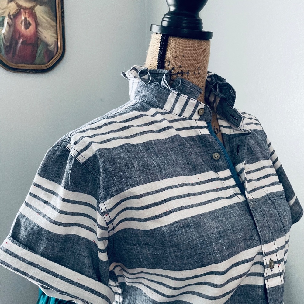 Light Weight Heather Blue, Off White with Pink (or red) Specs, Short Sleeve Top